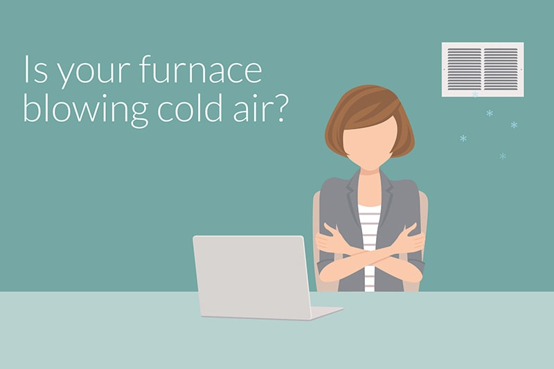 Video - Why Is My Furnace Blowing Cold Air? Woman cold at desk and text reads, 